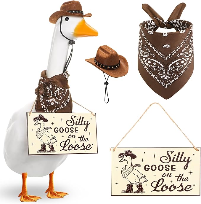 Funny Porch Goose Outfit Decoration Set Silly Goose on The Loose Hangings Sign Cowboy with Outfit Cowboy Hat Bandana for 23" Cement/Plastic Outdoor Statue Patio Yard Lawn Art(Brown)