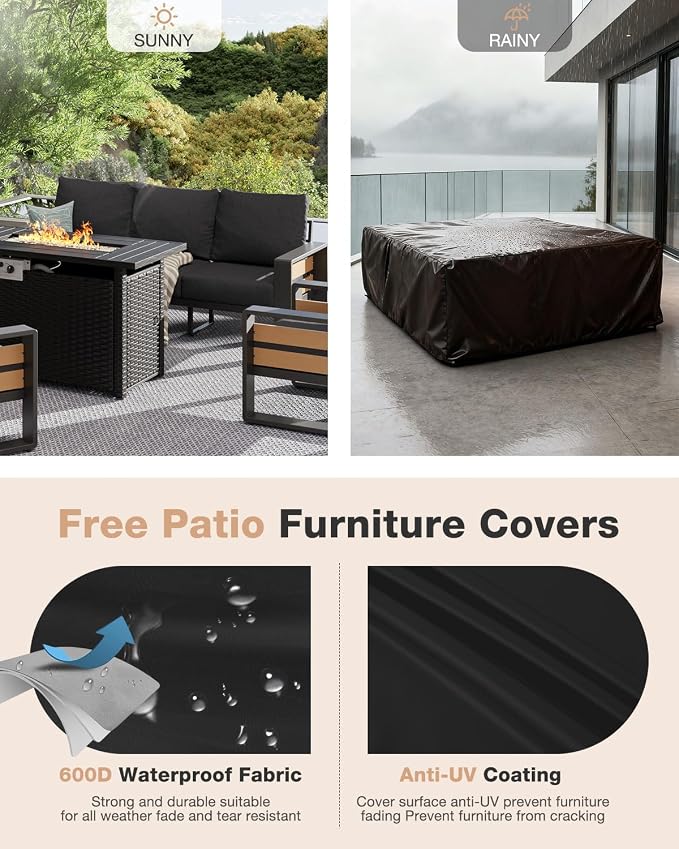 Aoxun Aluminum Patio Furniture Set with Fire Pit Table, 5 Piece Luxury Outdoor Sectional with 6" Olefin Fabric Cushions, Patio Conversation Sets with Waterproof Cover for Backyard, Porch Dark Grey