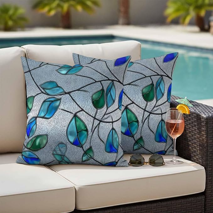 Glass Leaves Outdoor Waterproof Pillow Covers Set of 2, Abstract Blue Green Ombre Leaf Glass Splicing Pillowcase Decorative Throw Cushion Cases for Patio Garden Couch 26 x 26 Inches