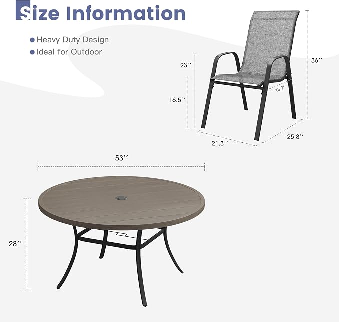 VICLLAX Round Patio Dining Set for 8, Metal Slatted Patio Table with Umbrella Hole and Stackable Patio Chairs for Deck Lawn Garden, Grey Fabric and Antique Grey Tabletop