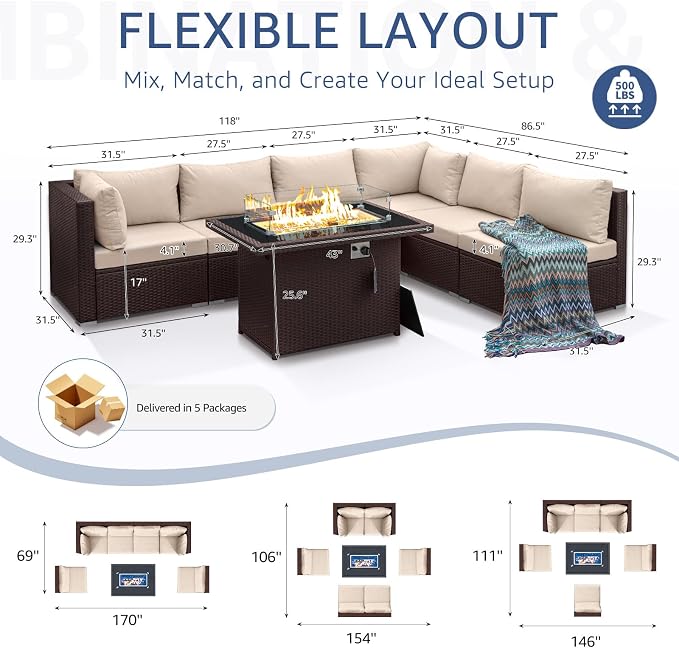 NICESOUL 7 Piece Outdoor Patio Furniture Set with Fire Pit Table Natural Gas & Propane Convertible, 29.3'' High Backrest Deep Wide Seating Conversation Sets, Wicker Sectional Couches, Brown & Beige