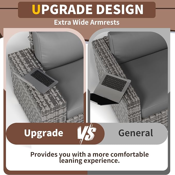 Outdoor Patio Furniture Set, 8‘’ Wide armrest Outdoor Sectional Rattan Sofa Set, Wicker Patio Furniture Sets w/Coffee Table,Thick Cushions and Cover for Porch, Balcony,Deck,8 PCS(Grey&Grey)
