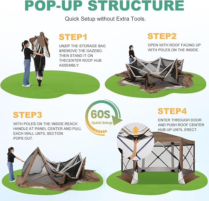 COBIZI 12x12 FT Pop Up Canopy Stargazing Tent, Gazebos On Clearance with Removable Roof, Screened in Gazebo, Screen Tents Portable carpas para Patio for Outdoor Camping,Backyard,Garden,Brown(Pro)