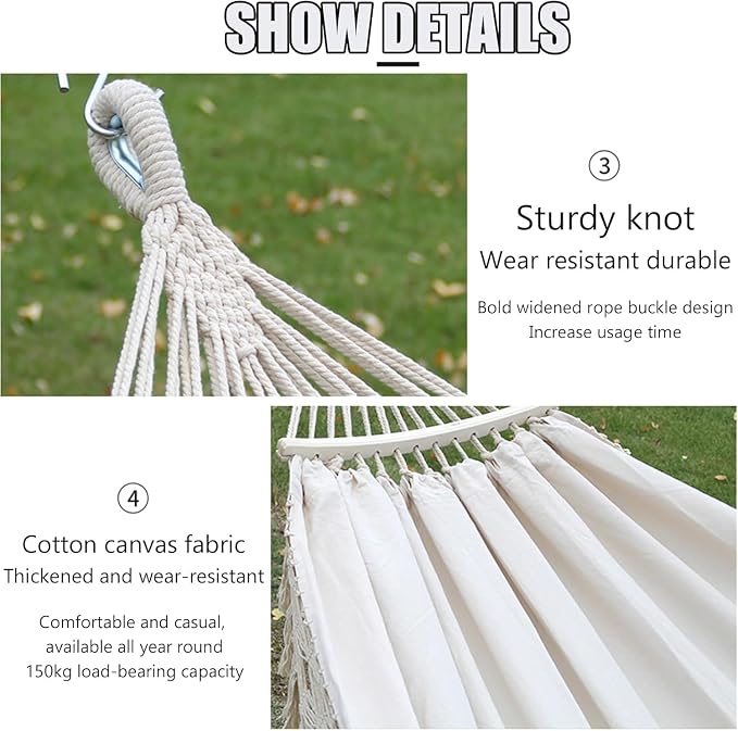 Double Hammock with Tassels, Cotton Canvas Portable Hanging Swing for Indoor Outdoor Use, 150kg Load Capacity, Ideal for Camping and Garden Relaxation