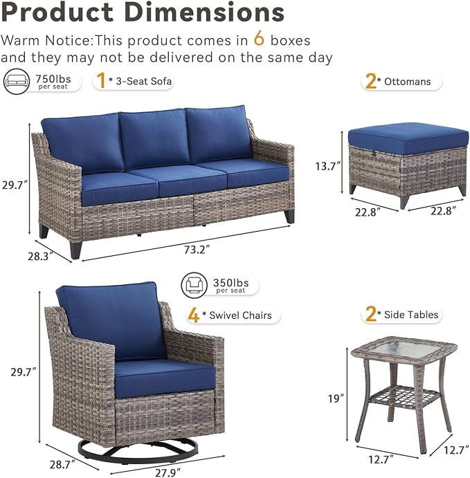 Wicker Patio Furniture Set-9 Pieces All-Weather Wicker Outdoor Furniture with Swivel Patio Chairs Outdoor Patio Conversation Sets for Garden Porch Deck Grey/Blue