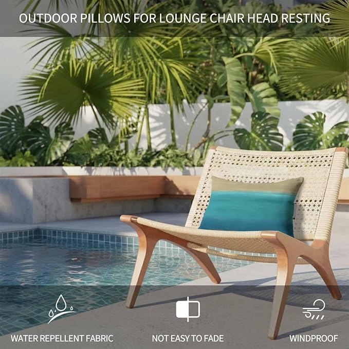 Teal Blue Ombre Outdoor Pillows for Chaise Lounge Chair Waterproof Lumbar Pillows with Insert&Adjustable Elastic Strap Beach Headrest Pillow Modern Abstract Gradient Art Neck Pillow for Pool 12"x20"