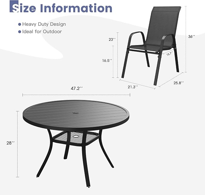 VICLLAX Round Patio Dining Set for 6, Metal Slatted Patio Table with Umbrella Hole and Stackable Patio Chairs for Deck Lawn Garden, Black Fabric and Black Tabletop