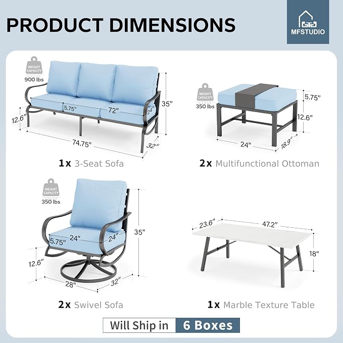 MFSTUDIO 6 Pieces Metal Patio Furniture Sets, 2 Swivel Chair, 1 Deep Seating 3-Seat Sofa, 2 Ottoman & 1 Marbling Coffee Table, All Weather 7 Seats Outdoor Conversation Set for Garden Backyard, Blue