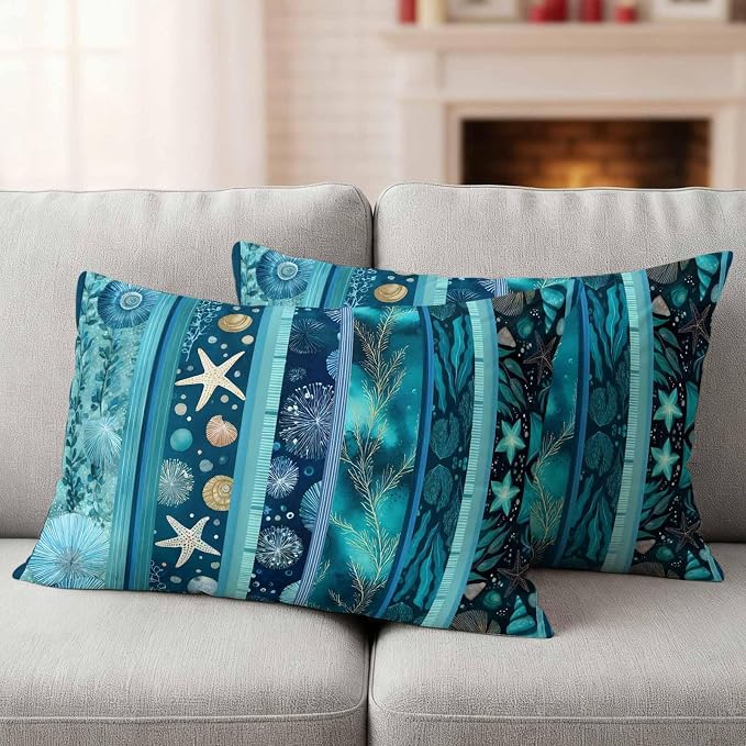 Turquoise Ocean Outdoor Waterproof Throw Pillow Covers Set of 2, 20"x12", Blue Stripes Starfish Coral Seaweed Luxury Decorative Pillow Covers Outside Cushion Case for Patio Porch Garden