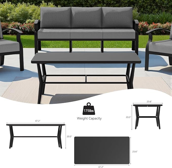 Aluminum Patio Furniture Set with Rectangular Coffee Table, 5 Seats Outdoor Patio Conversation Sets w/5.1" Cushions,Patio Conversation Sets for Garden, Backyard, Porch-Grey