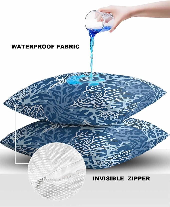 Outdoor Waterproof Throw Pillow Covers Set of 2 Blue Coral Pillowcases 24x24 Inches Nautical Coastal Marine Life Patio Decorative Pillows Cushion Case Patio Pillows for Couch Bed Chair Garden