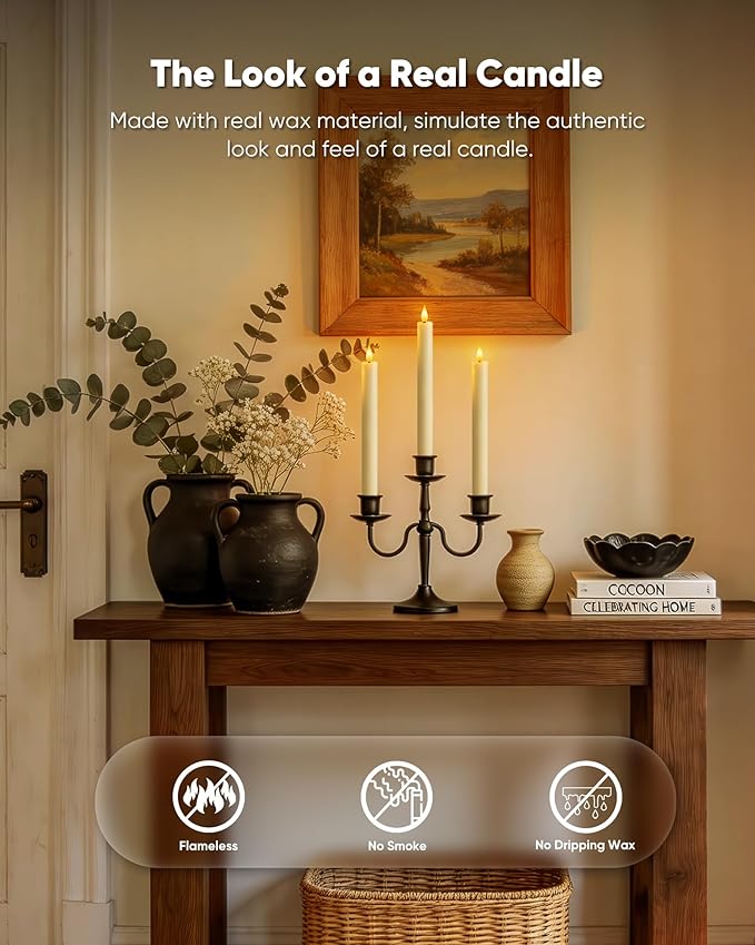 Homemory 6 Pcs Wax Flameless Taper Candles with Remote Timer and Dimmer, LED Candle Sticks with Flickering Light, Ivory Battery Operated Window Candles, 9.6 Inches for Wedding Home Indoor Decoration