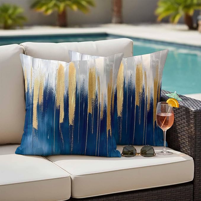 Abstract Color Block Outdoor Waterproof Throw Pillow Covers Set of 2, 24"x24", Navy Block Impressionist Style Decorative Pillow Covers Outside Cushion Case for Patio Porch Garden