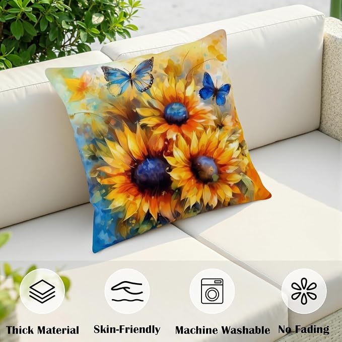 Oil Painting Sunflower Pillow Covers Sun Flower with Butterfly Throw Pillow Covers 16x16 Set of 2 Vintage Pillowcase Double Sided Printing Cushion Case for Home Decor Outdoor Sofa