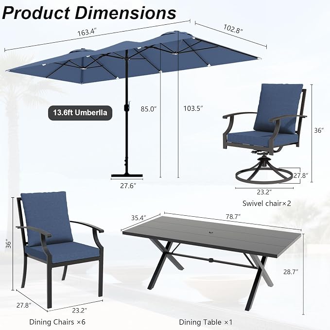 Patio Dining Set for 10 with 13.6ft Double-Sided Patio Umbrella,Outdoor Dining Set of 6 Metal Chairs and 2 Swivel Chairs with Umbrella Hole Table for Backyard,Garden,and Poolside(Navy)
