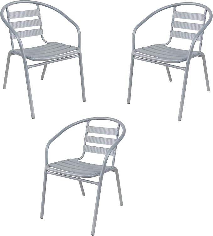 BTEXPERT Indoor Outdoor Restaurant Stainless Steel Aluminum + 3 Silver Gray Metal Slat Stack Commercial Lightweight, 3 Chairs with a 27.5" Square Table