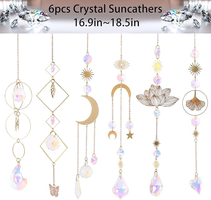 Sun Catchers, 6Pieces Colorful Crystals Suncatcher Hanging for Window | Crystal Ball Prism Rainbow Maker Pendant for Garden Christmas Tree Wedding Party Patio Backyard Car Home Indoor Outdoor Decor