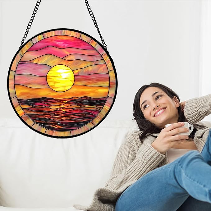 DASTOLL Stained Glass Window Hanging, Sunrise Sea Surface Sun Catchers Diamond Glass Panel Hangings Abstract Suncatcher Decor for Birthday for Women, Men, Wife, Aunt, and Mom 14.9 in