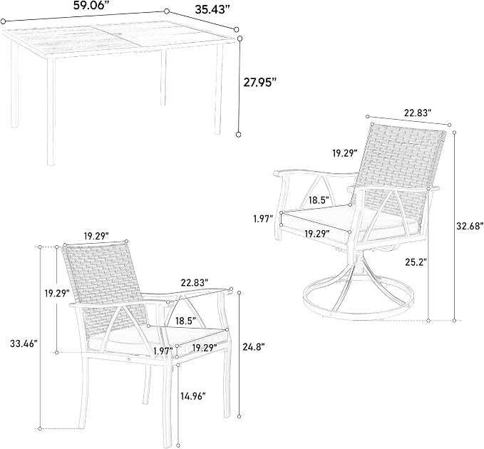 KEIKI Outdoor Dining Set, 7 Pieces Patio Furniture Set with Steel Tabletop and Swivel Chairs, Wicker Table and Chairs Set with Umbrella Hole for Backyard, Garden and Deck