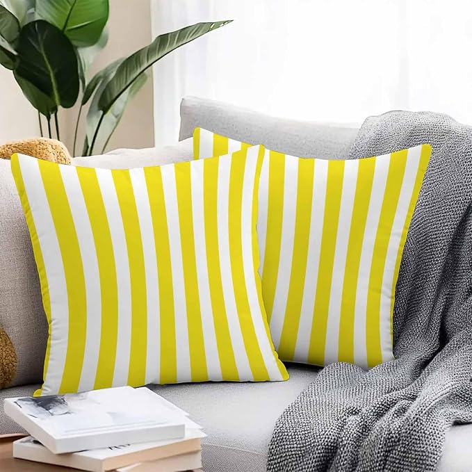Yellow Striped Outdoor Waterproof Throw Pillow Covers 20x20 Set of 2, Modern Farmhouse Yellow White Stripes Decorative Pillowcases Cushion Pillowcase for Couch Sofa Patio Outside Pillow Protector