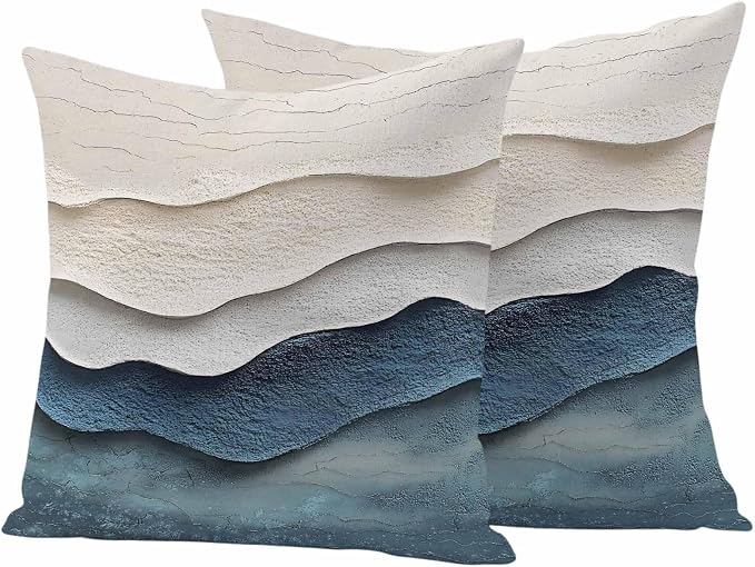 Abstract Waves Beach Art Outdoor Waterproof Throw Pillow Covers Set of 2, 26"x26", Blue Beige Oil Painting Style Decorative Pillow Covers Outside Cushion Case for Patio Porch Garden