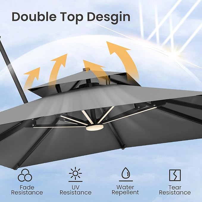 9x12 FT Cantilever Patio Umbrella with Base and Led Lights Double Top Outdoor Rectangular Large Heavy Duty Aluminum Offset Umbrellas with 7 Level Tilt 360-degree Rotation for Pool Garden Deck, Grey
