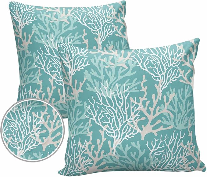Outdoor Waterproof Throw Pillow Covers Set of 2 Turquoise Coral Pillowcases 26x26 Inches Nautical Coastal Marine Life Patio Decorative Pillows Cushion Case Patio Pillows for Couch Bed Chair Garden
