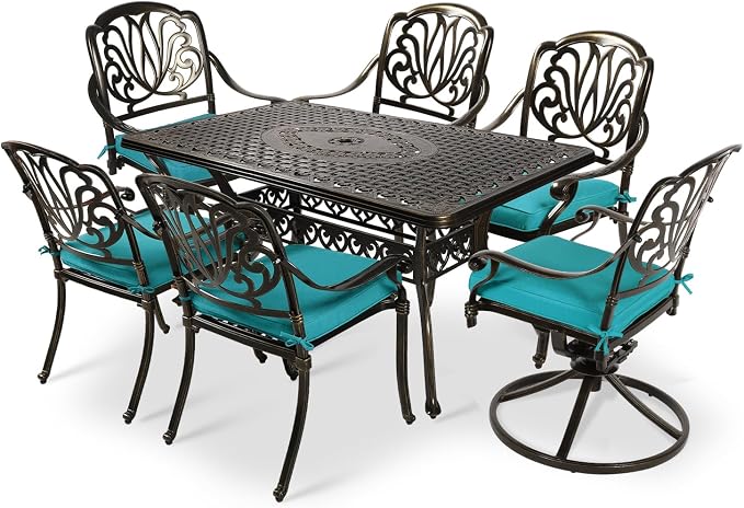 VIVIJASON 7 Pieces Cast Aluminum Outdoor Furniture Dining Set, Patio Conversation Set, Include 4 Stationary Chairs, 2 Swivel Dining Chairs and a Rectangle Table with Umbrella Hole, Ocean Blue Cushion