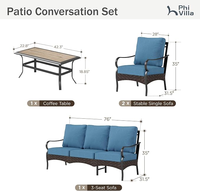 PHI VILLA Outdoor Modern Patio Furniture Set, Upgraded Wicker & Metal Patio Furniture Conversation Set with Waterproof Thick Cushions for Porch, Poolside, Yard (4 Pieces,Navy)
