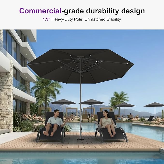 PURPLE LEAF 9Ft Round Semi-Auto Outdoor Patio Umbrella Aluminium Market Umbrella Table Sun Umbrella with 1.89" Rod and 8 Sturdy Ribs for Deck Lawn Pool Garden, Gray