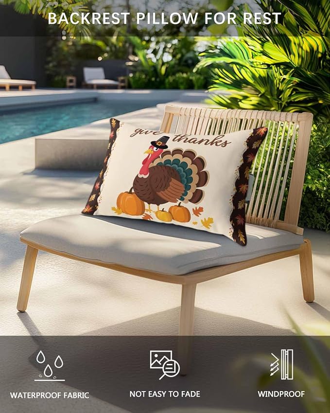 Outdoor Pillows Covers with Inserts Give Thanks Pumpkin Turkey Maple Leaf Border Waterproof Recliner Pillow with Adjustable Strap Throw Pillows for Patio Furniture Pool Lounge Chair, 11x16 inch, 1PCS