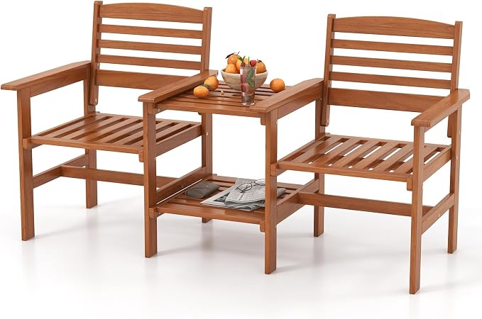 Tangkula Outdoor Patio Loveseat with Table, Wood 2-Seat Conversation Set with Coffee Table and Umbrella Hole, Outdoor Furniture Set for Garden Poolside Backyard Balcony Porch Deck (Natural)
