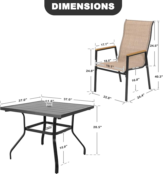NUU GARDEN 5 Piece Outdoor Patio Dining Set for 4, Slatted Table with Umbrella Hole and 4 Stackable Textilene Chairs with Faux Wood Armrests, Black and Khaki