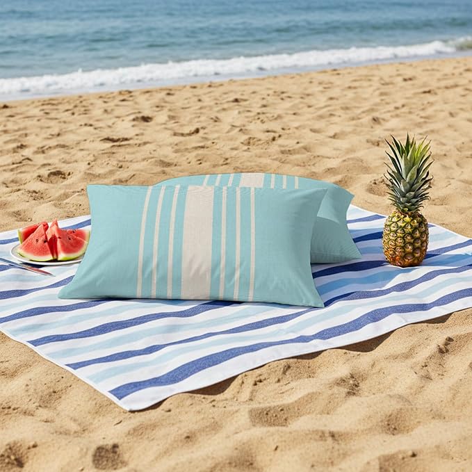 Aqua Beige Striped Outdoor Pillow Covers 20x12 Inch Lumbar Pillow Covers Set of 2 Waterproof Decorative Throw Pillow Cases Modern Farmhouse Retro Lines Cushion Covers for Patio Furniture Garden Couch