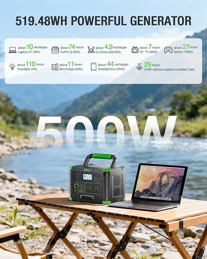 500W Portable Power Station, Solar Generator 519.48Wh (Peak 1000W) Lithium Battery Power Generator with 2 * 120V AC Outlets, Mobile Battery Backup Pack for RV Trip Camping, Outdoor Adventure, Home