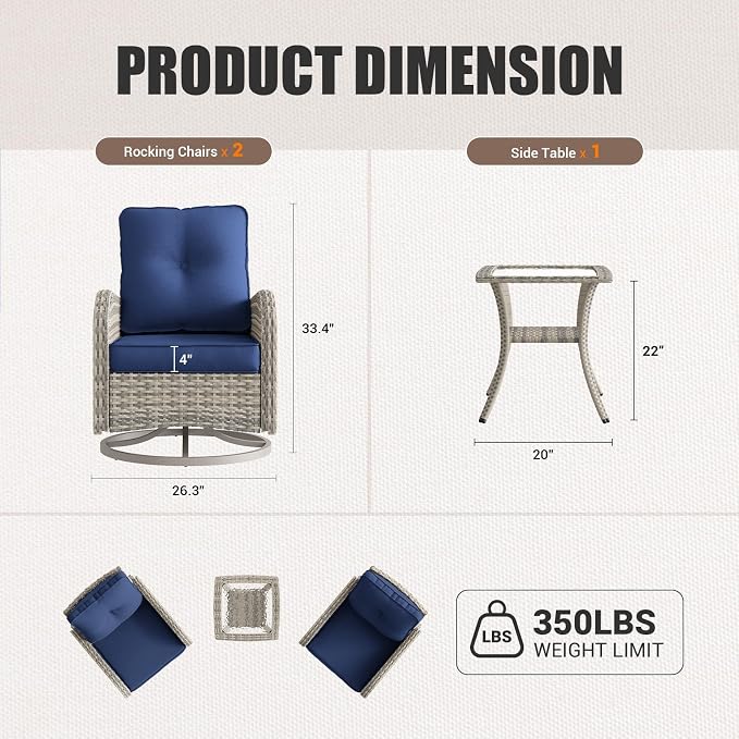 15-Piece Outdoor Patio Furniture Set with Rocking Swivel Chair, Wicker Rattan Sectional Sofa Conversation Set with Tempered Glass Table, with Ottomans Backyard Furniture, Beige