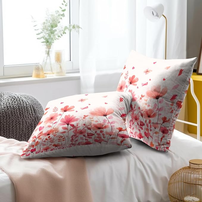 Floral Throw Pillow Covers 18x18 Set of 2, Pink Flowers Leaves with Butterfly Print Decorative Pillow Cases Cotton Cushion Cover for Home Sofa Couch Wedding Anniversary Decor