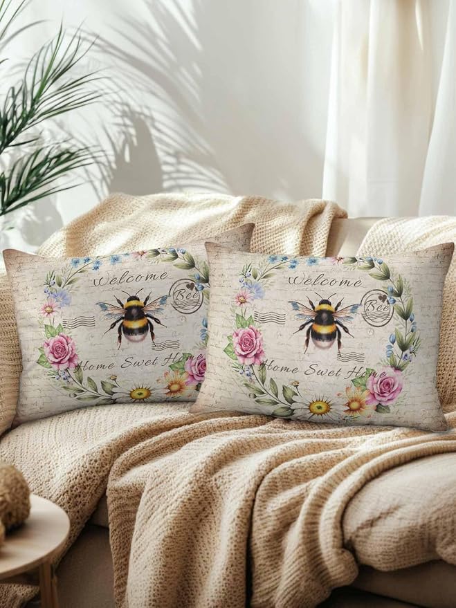 Outdoor Waterproof Throw Pillows Farmhouse Flower Leaf Wreath Patio Pillows Pack of 2,Decorative Pillow Covers with Insert,Pillow Cushion Case for Garden Couch Sofa Rustic Bee Retro Letter