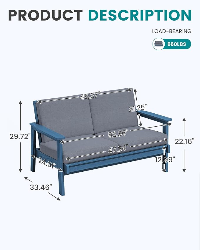 SERWALL HDPE Outdoor Patio Loveseat, Blue Frame and Grey Cushion