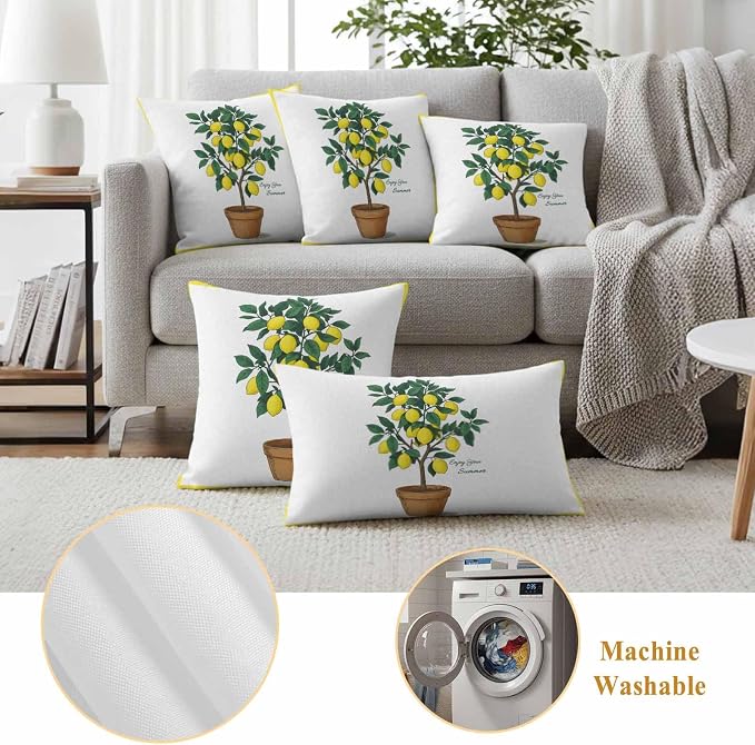 Outdoor Waterproof Throw Pillow Covers, Summer Lemon Decorative Pillow Cases, Yellow Potted Plant Green Botanical Couch Pillow Protector Patio Sofa Cushion Covers Replacement 16"x16" 2 Pack