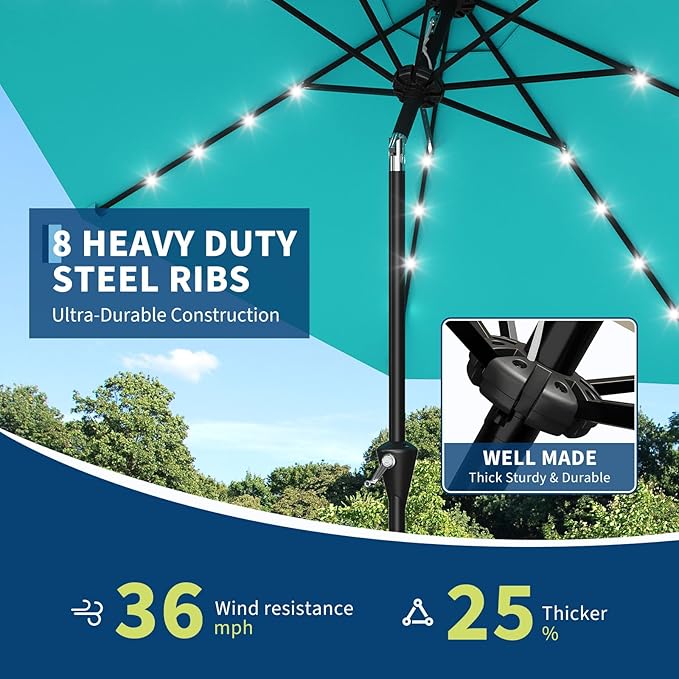 Garvee 10FT Solar Patio Umbrella with 32 LED Lights - Outdoor Table Umbrella with Crank Lift, Push Button Tilt and 8 Sturdy Ribs - Market Umbrella UV Protection for Pool, Deck, Yard, Garden -Sky Blue