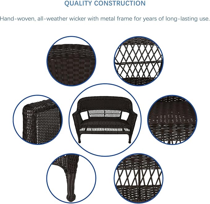 Jeco Wicker Patio Love Seat and Coffee Table Set without Cushion, Black