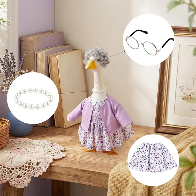 Old Lady Porch Goose Outfits Grandma Goose Clothes Glasses Curly Wig Floral Print Dress Cardign and Pearl Necklace,23'' Geese Statue Outdoor Patio Yard Lawn Decoration (Mixed)