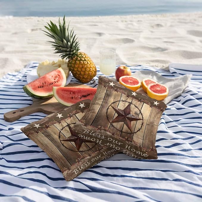 Rustic Country Outdoor Pillow Covers 16x16 Inch Throw Pillow Covers Set of 2 Waterproof Decorative Pillow Cases Western Stars Brown Texture Wooden Print Cushion Covers for Patio Furniture Garden Couch