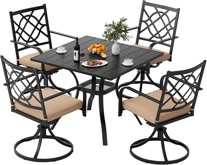 5 Piece Patio Dining Set Outdoor Furniture Set, Square Metal Patio Dining Table with Umbrella Hole & 4 Swivel Dining Chairs for Garden Lawn Yard