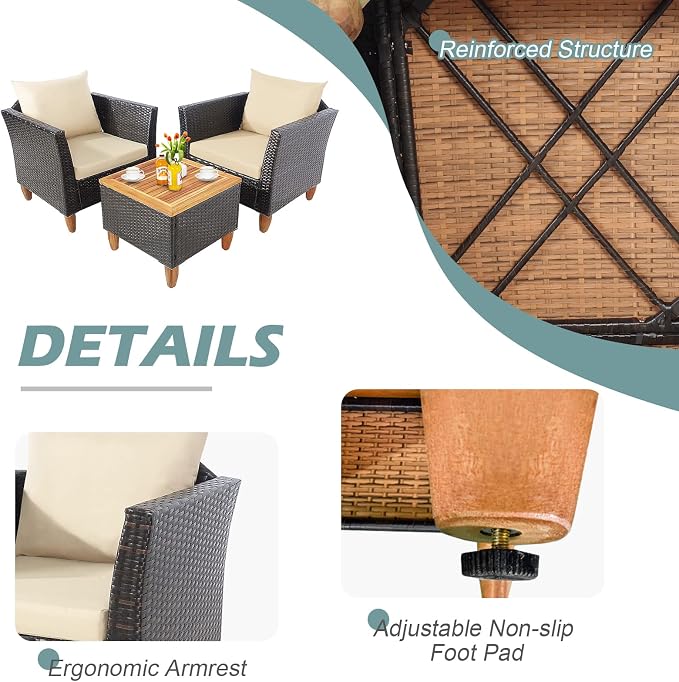Tangkula 3-Piece Patio Furniture Set, Patiojoy Outdoor PE Wicker Bistro Set with Soft Cushions and Solid Acacia Wood, Outdoor Conversation Set with Porch, Balcony and Garden (Beige)