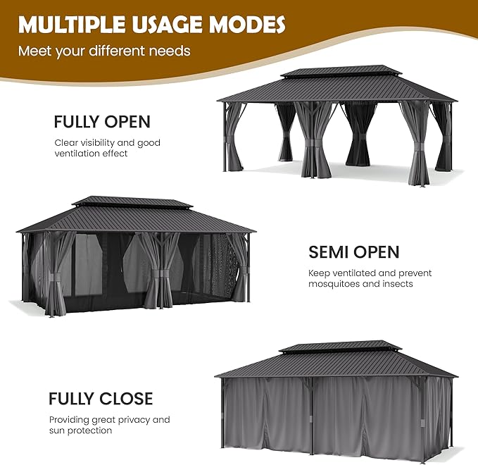UDPATIO 12'x20' Hardtop Gazebo, Outdoor Metal Gazebo with Galvanized Steel Double Roof, Permanent Pavilion with Netting and Curtains for Lawn, Garden, Patio, Grey