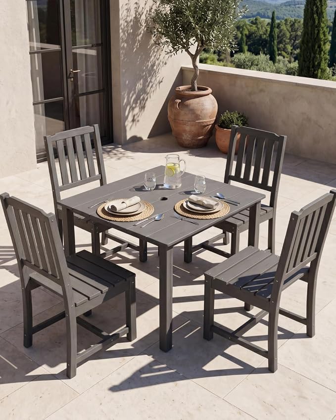 HDPE Outdoor Dining Set for 4, Square Table and Chairs, Grey | All-Weather HDPE, Wood Grain Finish, 42.5" Square Table, Built-In Umbrella Hole, Seats 4, Patio & Poolside Ready