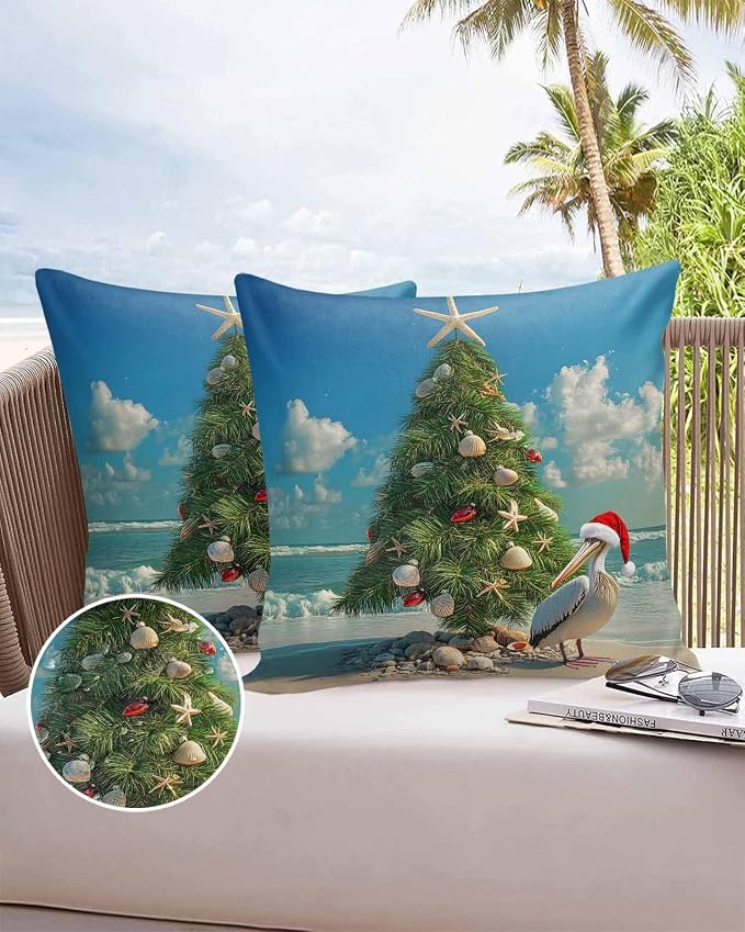 Christmas Outdoor Throw Pillows Covers 26x26 inch Set of 2 Waterproof Christmas Tree Decorative Zippered Cushion Covers for Patio Furniture, Pelican Starfish Shell Beach Wave Lumbar Pillowcases