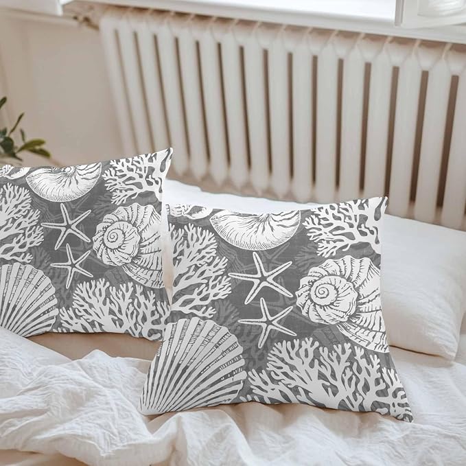 Outdoor Pillow Covers 24x24 Inch Set of 2, Grey Starfish Coastal Waterproof Throw Pillow Covers, Summer Coral Shell Beach Nautical Decorative Cushion Pillowcases for Couch, Sofa, Bed, Garden, Patio